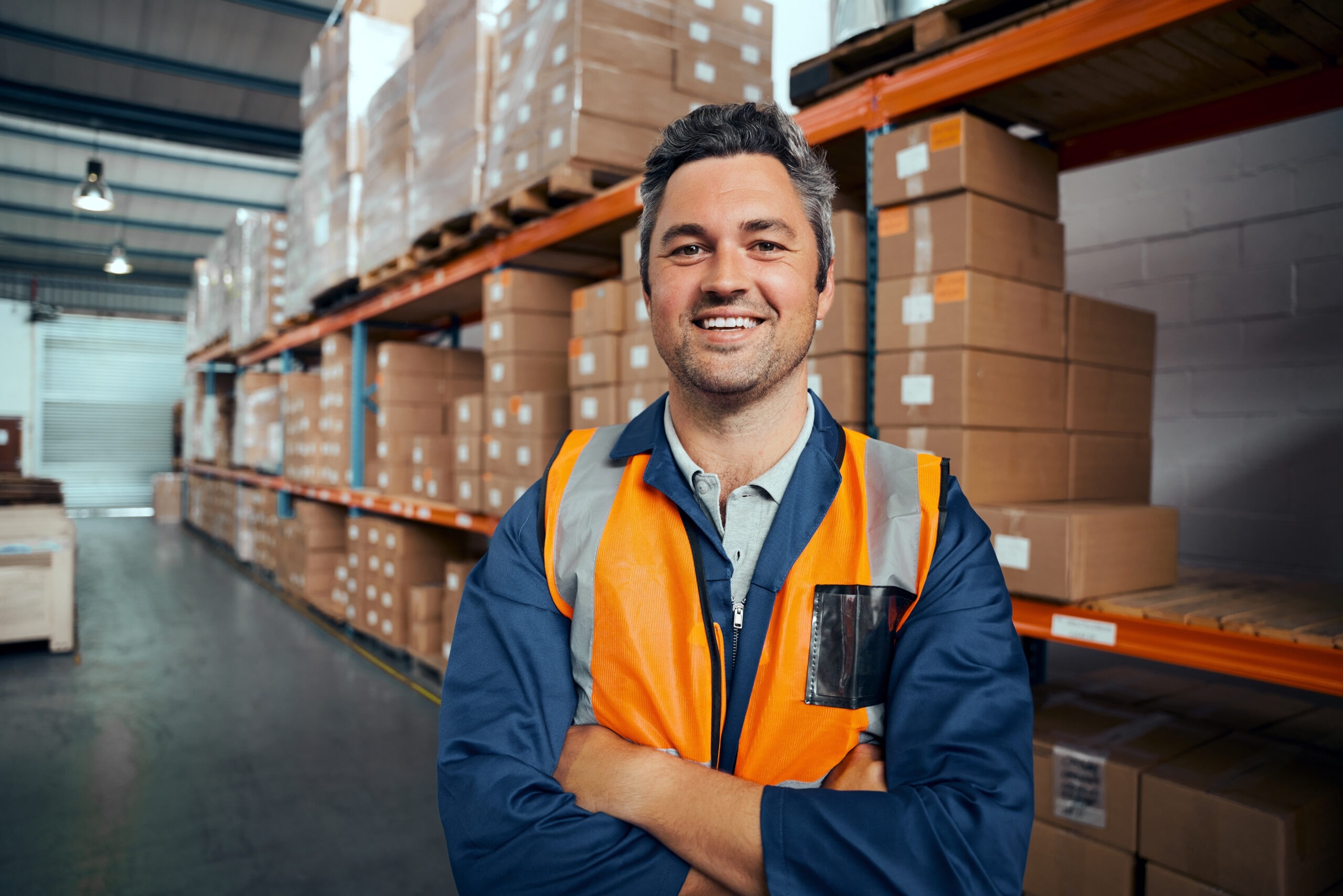 Smiling warehouse worker in a safety vest stands confidently among rows of stacked boxes, highlighting a positive work environment in logistics.