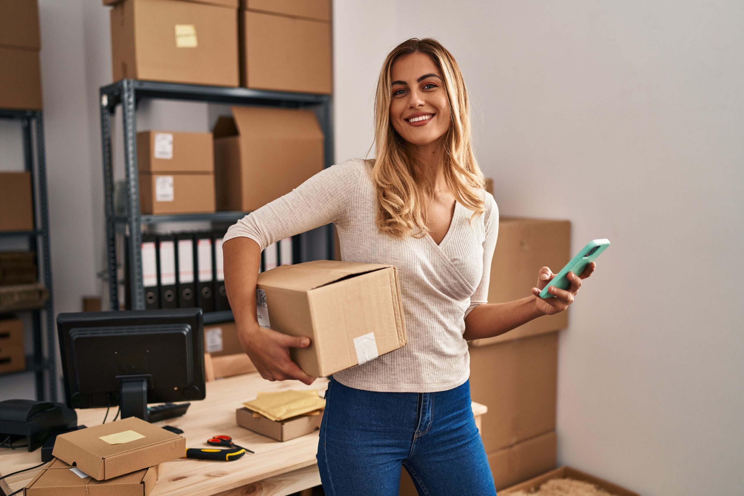 Smiling woman in an office holding a package with a cellphone in her hand, surrounded by storage boxes and shipping materials, indicating an active shipping environment.